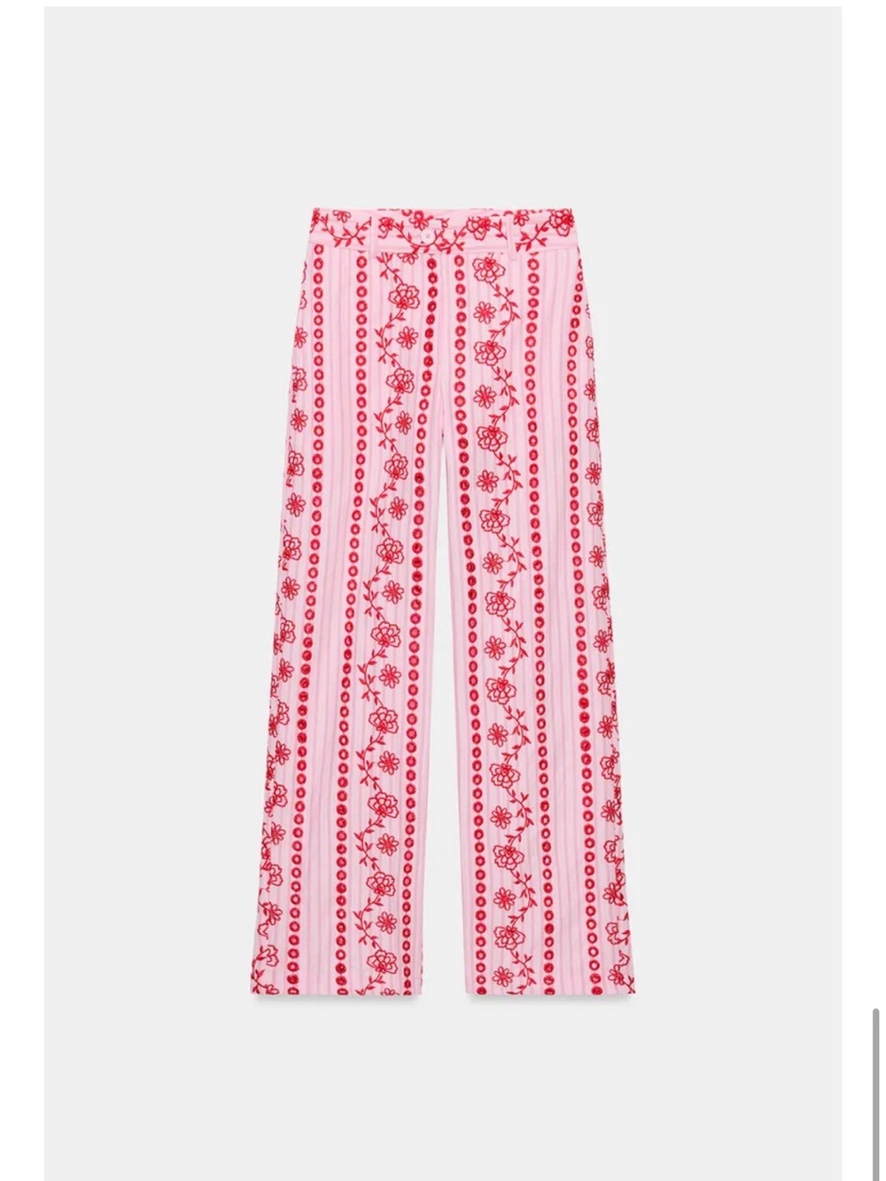 Zara Pink Wide-Leg Pants with Red Floral Stripe
